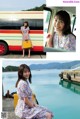 A woman in a floral dress sitting on a bench next to a bus.
